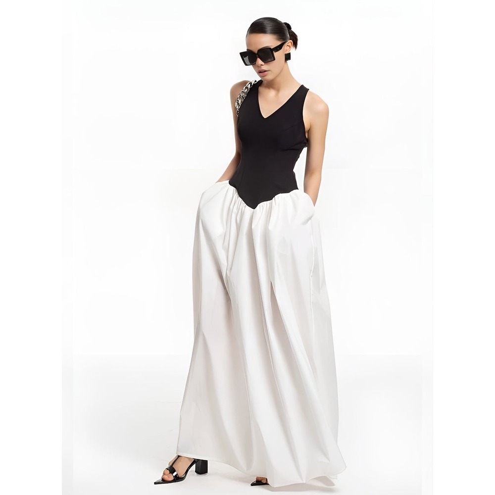 Commense Black & White Maxi Dress V Neck Sleeveless Evening Party Gown Size S - Picture 4 of 5